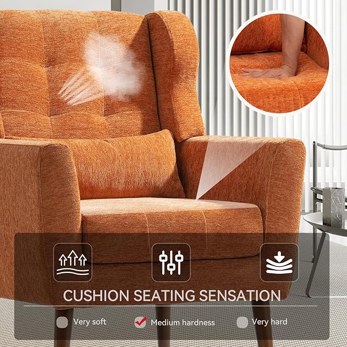 Accent Chair Set of 2, Upholstered Armchair with Pillow, Fabric Single Sofa Chair with Lounge Seat and Wood Legs Accent Chair for Living Room Small Spaces (Orange, Set of 2)-CasaMuseHome