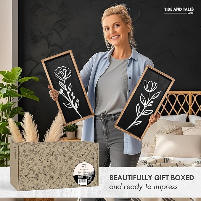 3D Vintage Black Living Room Decor (Set of 2) Lightweight, Wooden Ready-to-Hang Framed Moody Floral Wall Art for Bathroom, Bedroom or Office - Dark Textured Boho Farmhouse Wall Decor - Gift-Boxed-CasaMuseHome