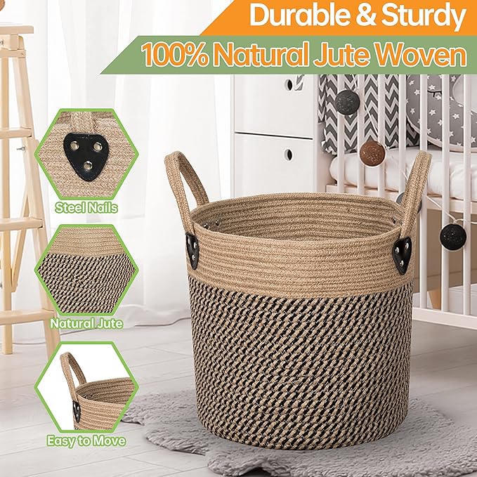 14"x12" Natural Jute Rope Woven Storage Basket with Handles for Plant, Blankets,Toys,Clothes,Shoes - Living Room Home Decor,Multifunctional Basket for Organizer,Picnic,Artificial Tree-CasaMuseHome