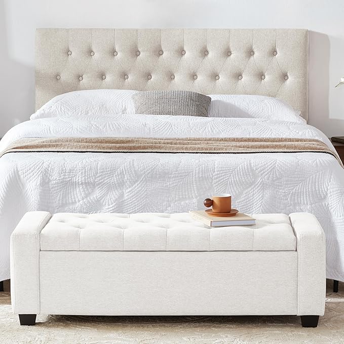 48" Ottoman with Storage, White Storage Ottoman Bench with Safety Hinge, Upholstered Entryway Bench with Seating for Bedroom, Living Room, Holds up to 330 lb-CasaMuseHome