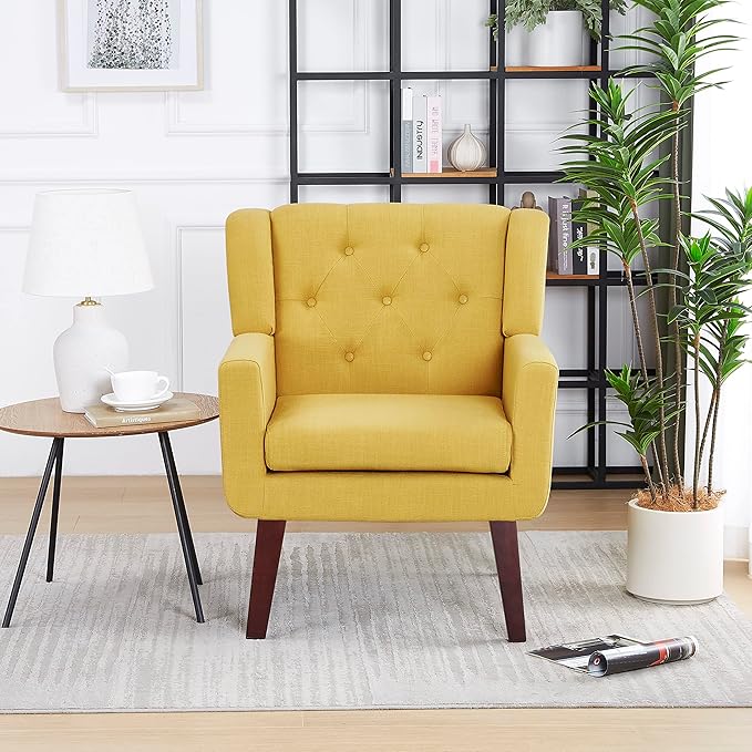 Accent Chairs Set of 2, Button-Tufted Upholstered Living Room Chairs Set of 2, Comfy Reading Chair Mid Century Modern Chairs with Linen Fabric Lounge Arm Chairs for Bedroom (Bright Yellow)-CasaMuseHome