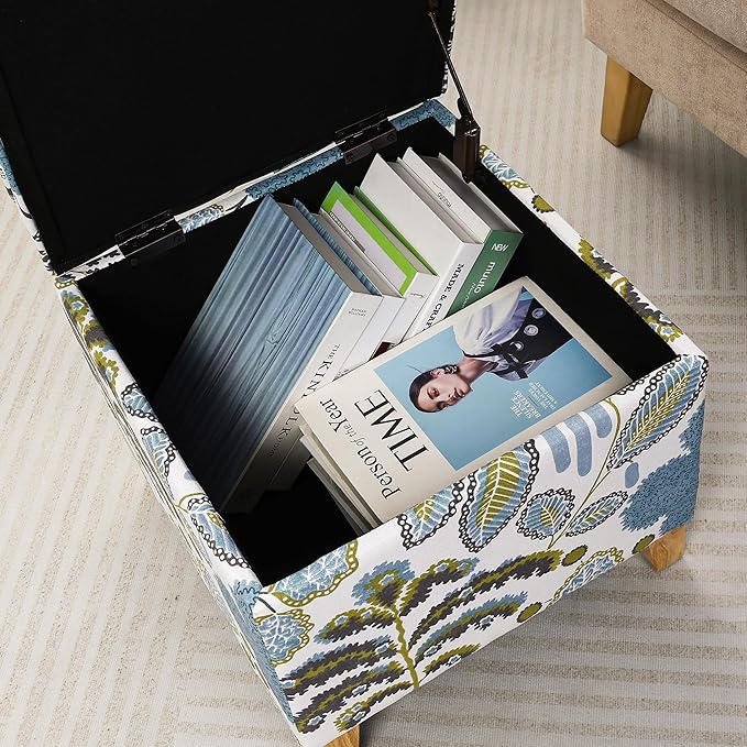 Adeco 18 Inch High Cube Ottoman Storage, Linen Chair Foot Stools, Upholstered Vanity Stool with Hinged Lid, Solid Wood Legs (Blue Leaves)-CasaMuseHome