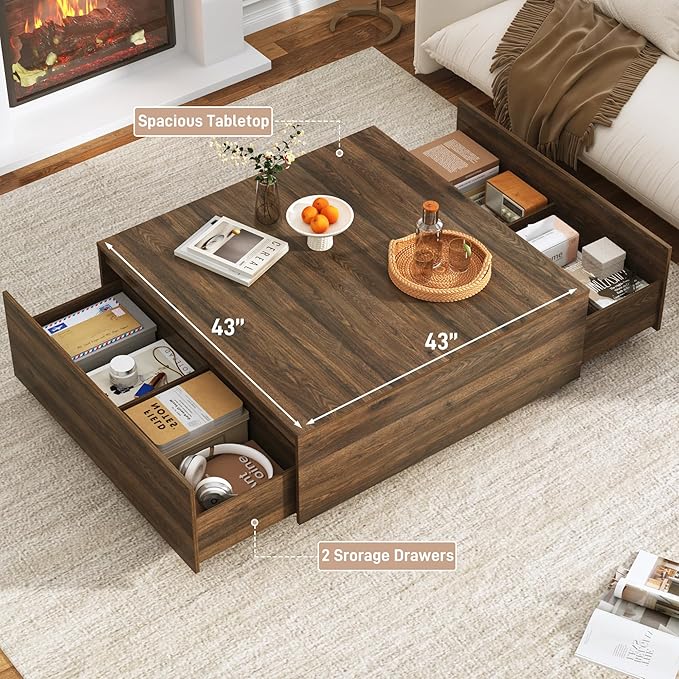 43” Square Coffee Table with Storage, Modern Large Square Center Table with 2 Drawers, Wood Coffee Table for Living Room, Walnut-CasaMuseHome