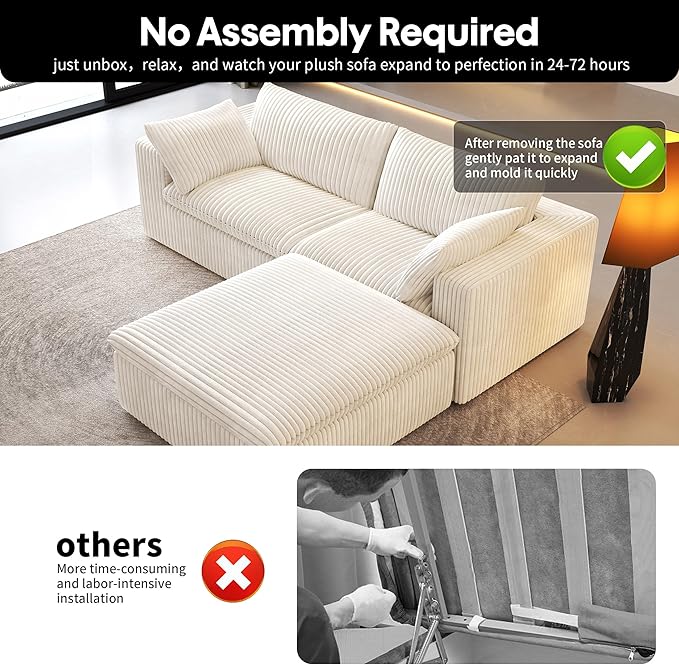 78.74" L Shaped Modern Sofa Modular Sectional Cloud Couch with Ottoman,Upholstered Couches with Plush Corduroy Fabric for Living Room Furniture,Bedroom and Apartment,No Assembly Required,White-CasaMuseHome