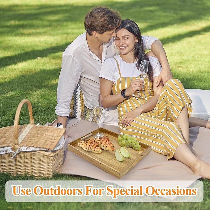 3 Pack Acacia Wood Serving Tray with Handles, Decorative Serving Trays Platter for Breakfast in Bed, Lunch, Dinner, Patio, Ottoman, Coffee Table, BBQ, Party, Great for Lap &Couch (Set of 3)-CasaMuseHome