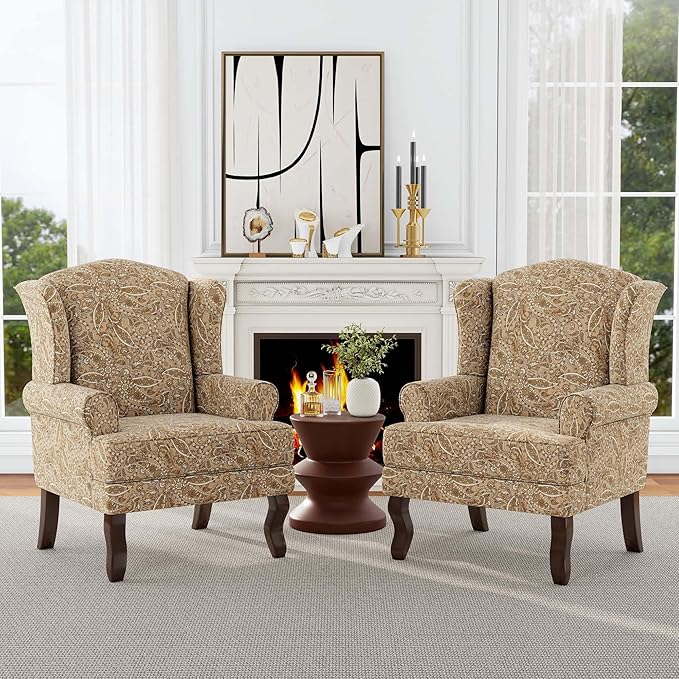 Accent Chair, High Back Upholstered Armchair with High Resilience Sponge & Wood Legs, Mid-Century Modern Comfy Single Sofa Reading Chairs for Living Room, Bedroom (Floral Light Brown, Set of 1)-CasaMuseHome