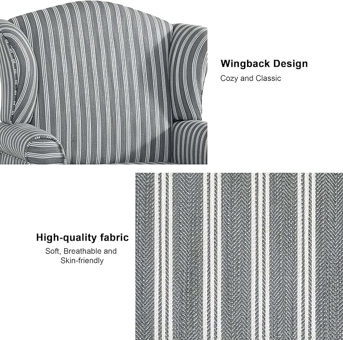 Accent Chair, High Back Upholstered Armchair with High Resilience Sponge & Wood Legs, Mid-Century Modern Comfy Single Sofa Reading Chairs for Living Room, Bedroom (Stripe Grey, Set of 1)-CasaMuseHome