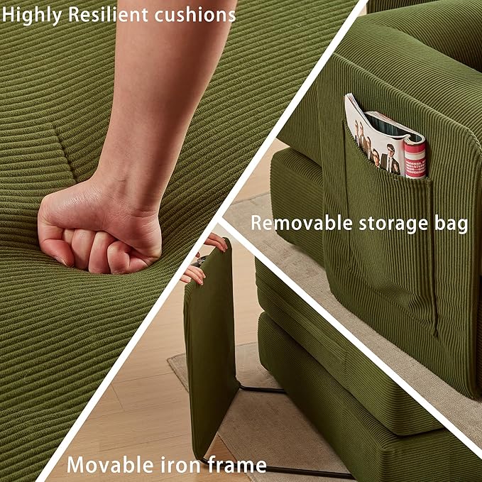 107" Oversized Convertible Sleeper Sofa Bed, Corduroy L Shape Sectional Couch, Folding Sofa Bed with Side Pocket, Modern Cloud Floor Mattress Couch, Modular Sofa for Living Room, Green-CasaMuseHome