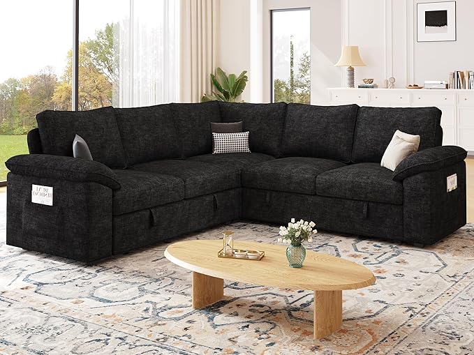85 Inch Modular Sectional Sofa with Pull Out Bed,L Shaped 5 Seat Sectional Sleeper Sofa with Storage,Sectional Couches for Living Room,Cloud Modular Couch,Removable Sofa Cover,Black-CasaMuseHome