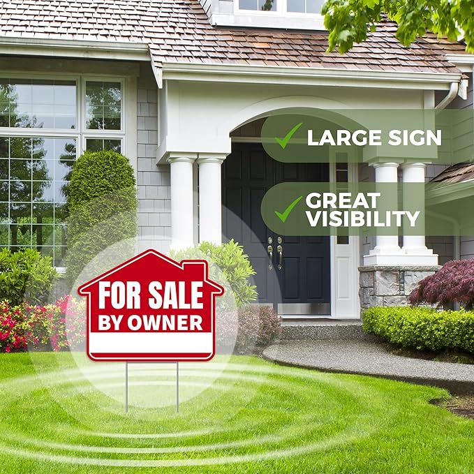 1PC For Sale By Owner Sign with Stakes, 17 Inches by 13 Inches - Double Sided Signs - Corrugated Plastic - FSBO Yard Sign for Home House Real Estate-CasaMuseHome