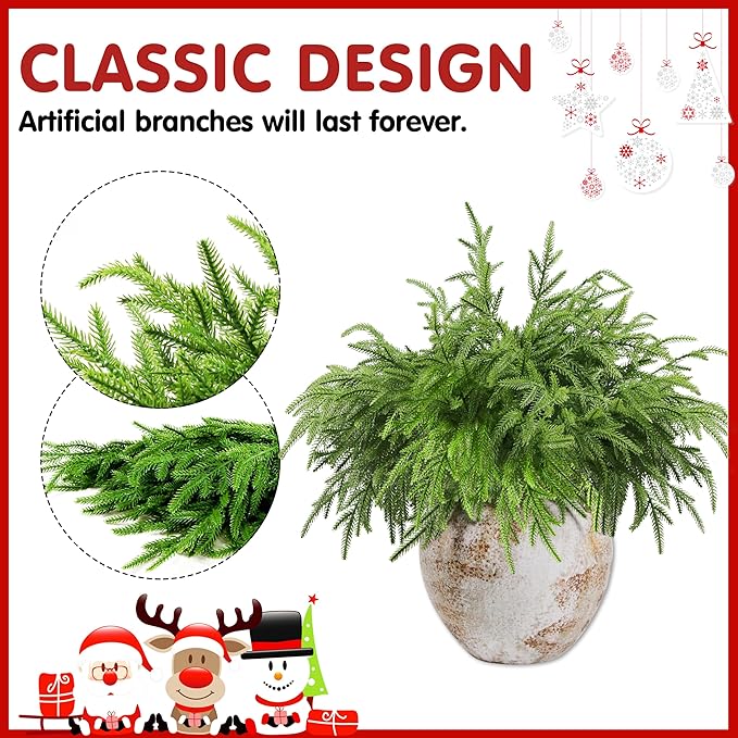 12Pcs Artificial Norfolk Pine Branches 18" Plastic Christmas Plants Decor Faux Greenery Stems Pine Picks Outdoor Faux Plants UV Resistant for Xmas Indoor, Front Porch Home Décor (12, 18inch)-CasaMuseHome