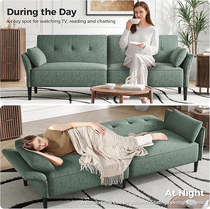 89” Futon Sofa Bed, Linen Comfy Futon Couch Bed with 2 Square Pillows, Convertible Sleeper Sofa with Adjustable Backrest& Armrests, Modern Loveseat Sleeper for Living Room, Bedroom, Green-CasaMuseHome