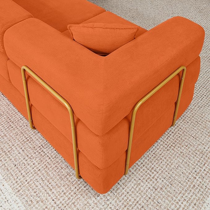 108" Oversized Convertible Sleeper Sofa Bed, Corduroy L Shape Sectional Couch, Folding Sofa Bed with Side Pocket, Modern Cloud Floor Mattress Couch, Modular Sofa for Living Room, Orange-CasaMuseHome