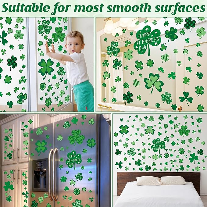 9 Sheets St Patricks Day Window Clings, 115 PCS St Patrick's Day Shamrock Window Stickers for St Patricks Day Decorations, Green Static Spring Window Clings for Glass Windows St Patricks Day Decor-CasaMuseHome