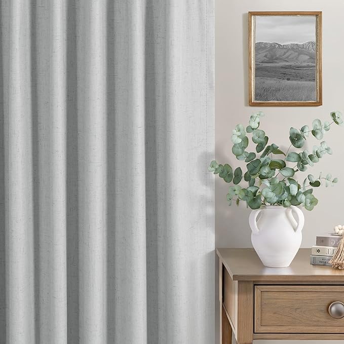 100 Percent Blackout Sliding Glass Door Curtains 120 Inches Long 2 Panels 10 FT Theater Floor to Ceiling Drape Linen Cotton Textured Luxury Curtains Farmhouse Black Out Light Grey Gray White Back Tab-CasaMuseHome