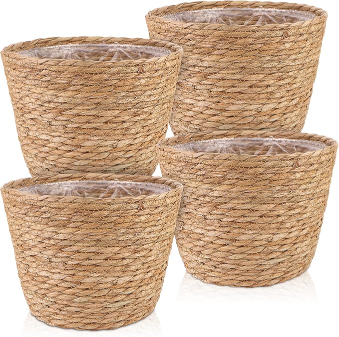 4 Pcs Large Premium Seagrass Planter Basket with Plastic Lining Natural Stylish Planter Baskets Indoor Outdoor Plants Woven Wicker Baskets for Plants Flower Pots Cover and Room Decor(10.2x7.5x7.5")-CasaMuseHome
