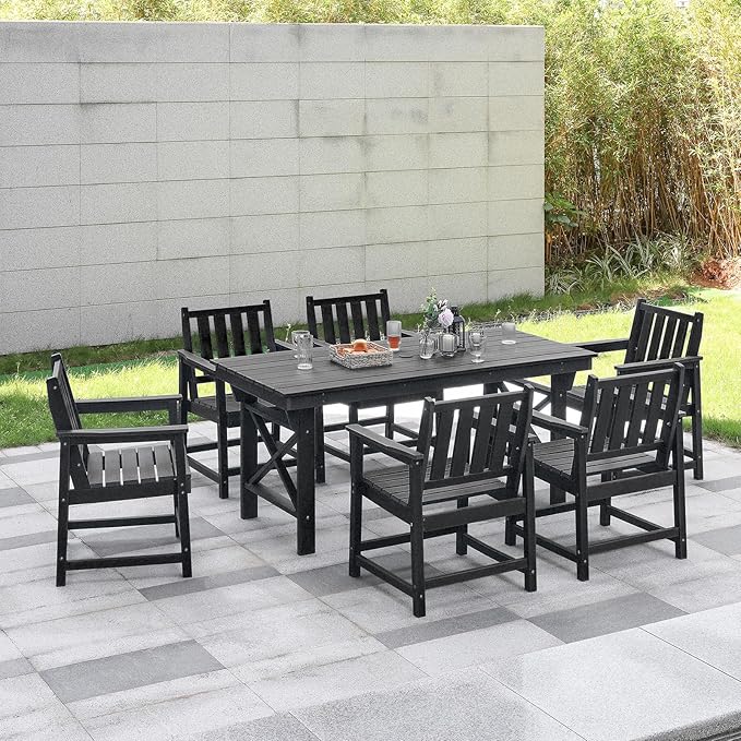 7 Pieces HDPE Outdoor Dining Set, Patio Dining Set with Umbrella Hole, All Weather Outdoor Dining Table Sets for 6, HDPE Patio Furniture Sets for Deck, Backyard, Lawn, and Poolside, Obsidian-CasaMuseHome