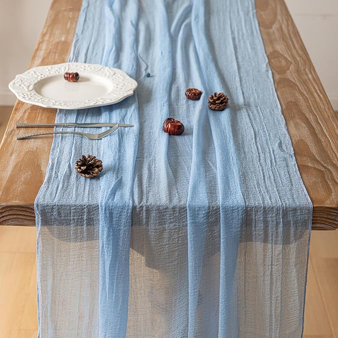 6pcs Light Blue Gauze Rustic Cheesecloth Table Runner 120 Inch 10 FT for Wedding Baby Shower Bridal Shower Birthday Engagement Garden Outdoor Party Long Sheer Boho Decorations-CasaMuseHome