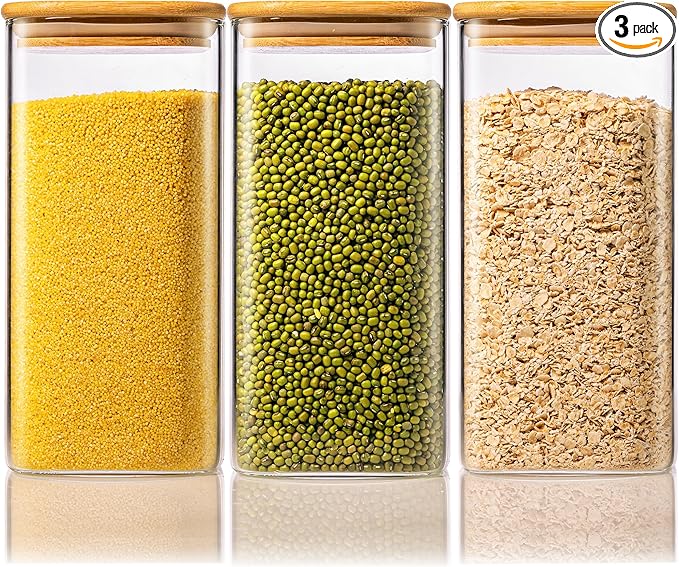 57oz - 3 Pack Square Glass Jars with Bamboo Lids, Glass Food Storage Containers with Airtight Lids for Kitchen, Air Tight Pantry Storage Containers for Cereal, Pasta, Rice, Sugar, Coffee, Spice-CasaMuseHome