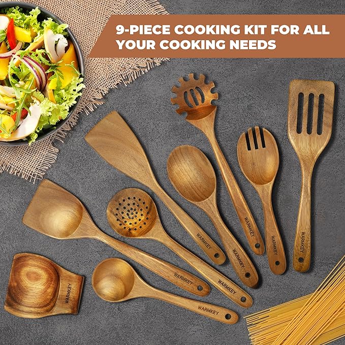 Acacia Wood Kitchen Utensil Set 9PC-Natural Wooden Cooking Tools for Nonstick Pans&Stir Frying,Scratch-Proof&Heat Resistant,Sturdy&Lightweight with Spoon Rest (Kitchen Utensil Set 9PC)-CasaMuseHome