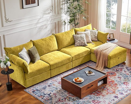 134.6" Luxury Modular Sectional Convertible Sofa with Storage Ottoman, L-Shape 5-Seat Oversized Comfy Couch Deep Seat with Reversible Chaise - Chenille Yellow-CasaMuseHome