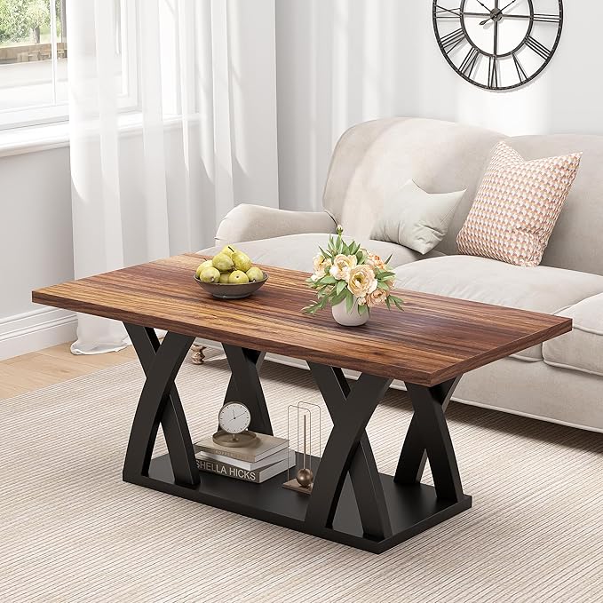 47” Wood Coffee Tables for Living Room Rustic Stands with Storage Shelf Black Blown Coffee Tables for Living Room Farmhouse Center Stands with Shelf. Farmhouse Rectangle Center Table-CasaMuseHome