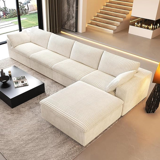 157.5" L Shaped Modern Sofa Modular Sectional Cloud Couch with Ottoman,Deep Seat Upholstered Couches with Corduroy Fabric for Living Room Furniture,Bedroom and Apartment,No Assembly Required,White-CasaMuseHome