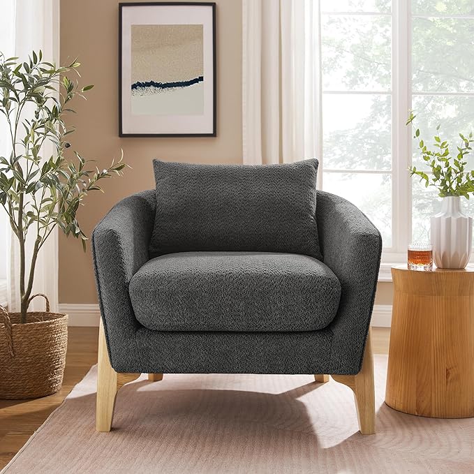 Accent Chair 31" Oversized Reading Chair Comfy Upholstered Boucle Lounge Armchair, Modern Living Room Chair with Back Pillow,Single Sofa Chair for Bedroom, Office (Grey)-CasaMuseHome