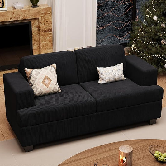 63” Corduroy Loveseat Sofa Couch for Living Room, Small Couch with Deep Seat for Bedroom, Comfy Could Loveseat for Small Living Room, Black Corduroy-CasaMuseHome