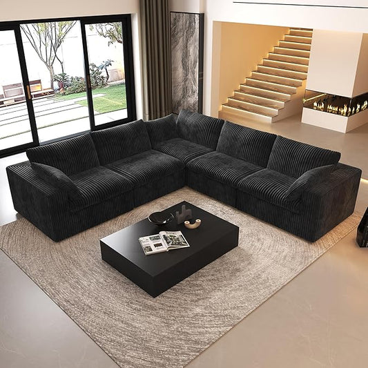 118" V Shaped Corner Modern Sofa Modular Sectional Cloud Couch,Deep Seat Upholstered Couches with Plush Corduroy Fabric for Living Room Furniture,Bedroom and Apartment,No Assembly Required,Black-CasaMuseHome