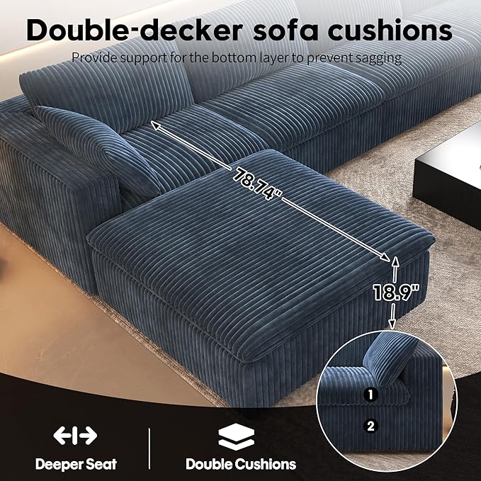 78.74" L Shaped Modern Sofa Modular Sectional Cloud Couch with Ottoman,Upholstered Couches with Plush Corduroy Fabric for Living Room Furniture,Bedroom and Apartment,No Assembly Required,Blue-CasaMuseHome