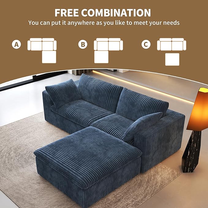 78.74" L Shaped Modern Sofa Modular Sectional Cloud Couch with Ottoman,Upholstered Couches with Plush Corduroy Fabric for Living Room Furniture,Bedroom and Apartment,No Assembly Required,Blue-CasaMuseHome