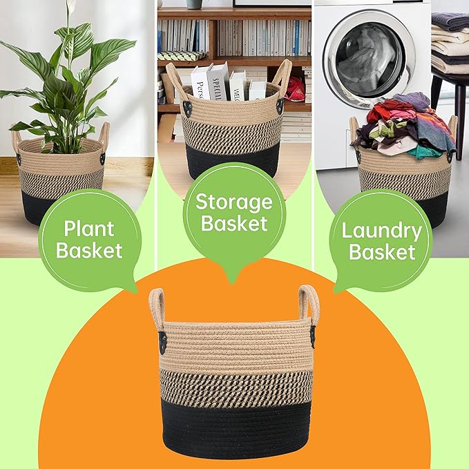 14"x12" Natural Jute Rope Woven Storage Basket with Handles for Plant, Blankets,Toys - Living Room Home Decor,Multifunctional Basket for Organizer,Picnic,Artificial Tree Black and Beige-CasaMuseHome