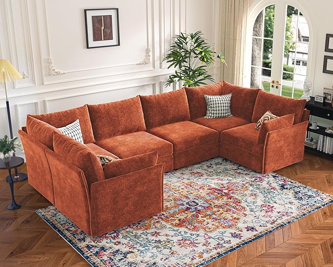 136.4" Oversized Modular Sectional Sofa, U Shaped Convertible Couch with Movable Ottoman, Large 7 Seat Corner Couches for Living Room Deep Seat Terracotta Orange Chenille-CasaMuseHome