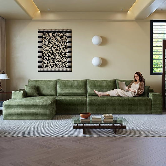 108" Sectional Couches for Living Room Modern Modular Sofa with L-Shape Couchs Upholstered Boneless Couch Deep Seat Sectional Couch with Chaise (Green, Left Facing Chaise+3Seaters)-CasaMuseHome