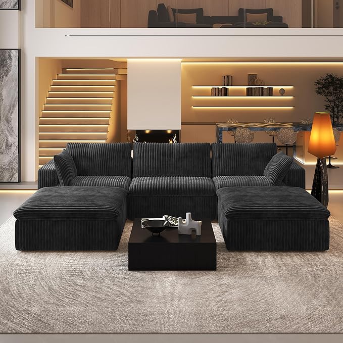 118" U Shaped Modern Sofa Modular Sectional Cloud Couch with 2 Ottoman,Upholstered Couches with Plush Corduroy Fabric for Living Room Furniture,Bedroom and Apartment,No Assembly Required,Black-CasaMuseHome