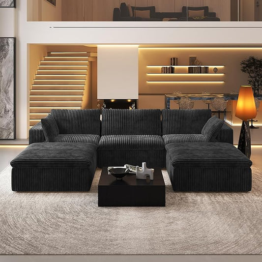 118" U Shaped Modern Sofa Modular Sectional Cloud Couch with 2 Ottoman,Upholstered Couches with Plush Corduroy Fabric for Living Room Furniture,Bedroom and Apartment,No Assembly Required,Black-CasaMuseHome