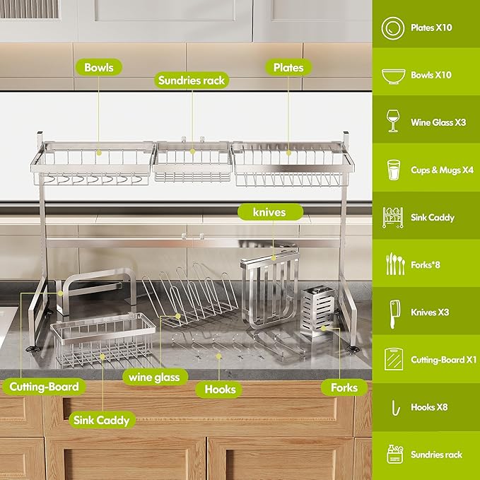 2 Tier Extra Large Stainless Steel Expandable Over The Sink Dish Drainer Drying Rack, Rust Proof Metal, Space Saving, Modern Silver Big Capacity Extendable Plate Strainers Above Kitchen Counter-CasaMuseHome