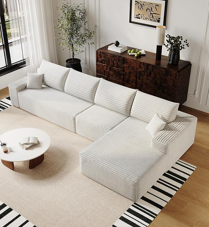 136" Sectional Couches for Living Room Modern Modular Sofa with L-Shape Couchs Upholstered Boneless Couch Deep Seat Sectional Couch with Chaise (White, Right Facing Chaise+3Seaters)-CasaMuseHome