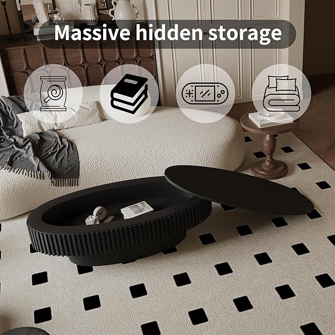 47.2''Oval Coffee Table with Storage, Mid Century Modern Fluted Drum Center Tables with Lid, Solid Wood Side Pedestal Coffee Table Tea Table for Living Room, Bedroom, Apartment-Black-CasaMuseHome