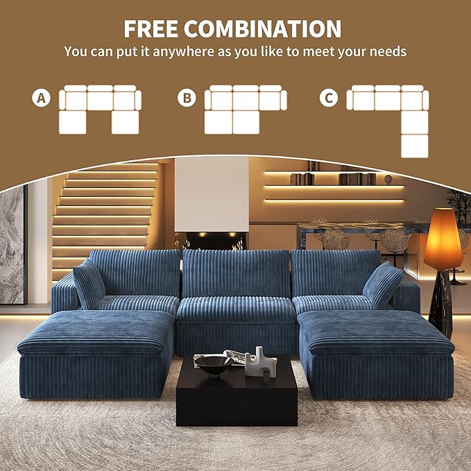 118" U Shaped Modern Sofa Modular Sectional Cloud Couch with 2 Ottoman,Upholstered Couches with Plush Corduroy Fabric for Living Room Furniture,Bedroom and Apartment,No Assembly Required,Blue-CasaMuseHome
