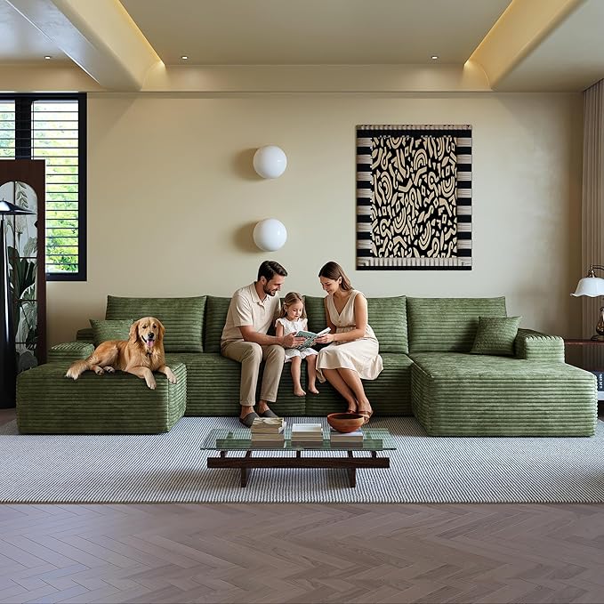 108" Sectional Couches for Living Room Modern Modular Sofa with L-Shape Couchs Upholstered Boneless Couch Deep Seat Sectional Couch with Chaise (Green, Right Facing Chaise+3Seaters+Ottoman)-CasaMuseHome