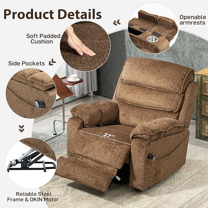 27in Extra Wide Power Lift Recliner Chair for Big Tall with Extended Footrest Heat Massage, Oversized Electric Lift Recliner Chairs for Adults Elderly Seniors, Arm Storage & Cup Holders-CasaMuseHome