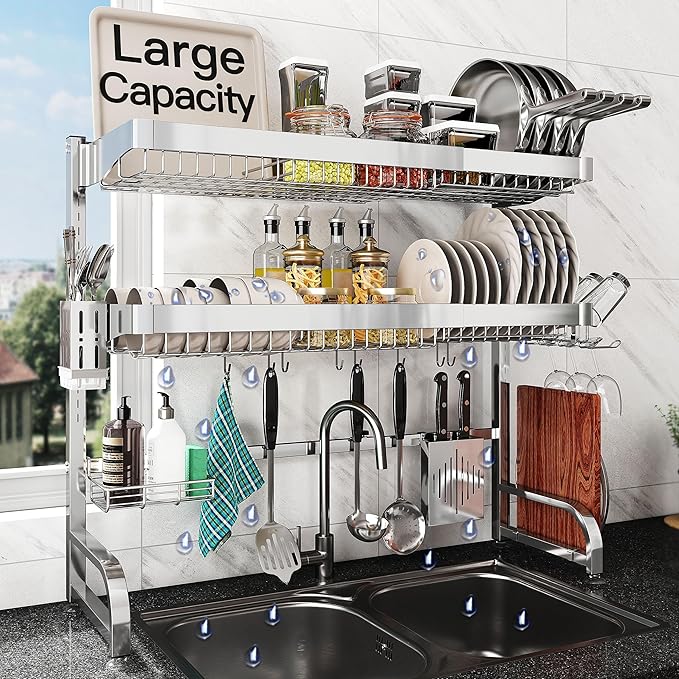 3 Tier Extra Large Stainless Steel Expandable Over The Sink Dish Drainer Drying Rack, Rust Proof Metal, Space Saving, Modern Silver Big Capacity Extendable Plate Strainers Above Kitchen Counter-CasaMuseHome