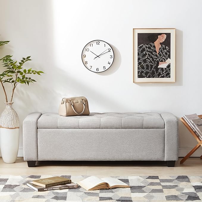48" Ottoman with Storage, Storage Ottoman Bench with Safety Hinge, Upholstered Entryway Bench with Seating for Bedroom, Living Room, Holds up to 330 lb(Light Gray)-CasaMuseHome