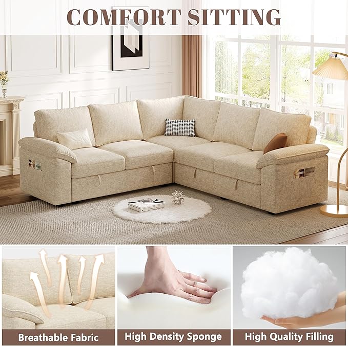 85 Inch Sectional Sleeper Sofa with Pull Out Bed,L Shaped 5 Seat Modular Sectional Sofa with Storage,Sectional Couches for Living Room,Cloud Modular Couch,Removable Sofa Cover,Beige-CasaMuseHome