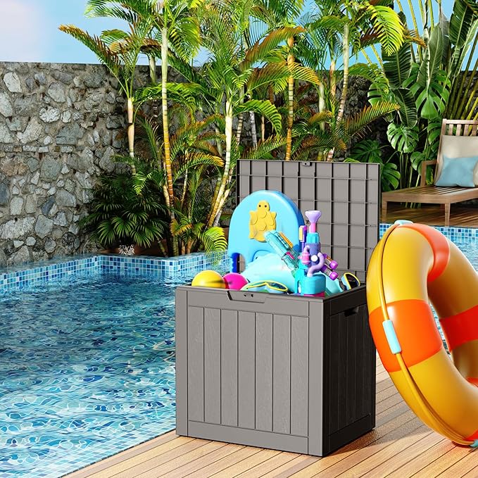 31 Gallon Resin Deck Box, Lockable Patio Outdoor Storage Box for Furniture, Garden Tools and Tools Storage, Waterproof Outside Storage Boxes - Grey-CasaMuseHome