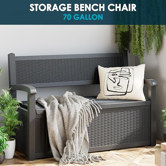 70 Gallon Storage Bench Deck Box for Patio Furniture with Armrest Bench Outdoor Storage-CasaMuseHome