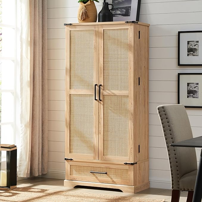 72" Tall Rattan Kitchen Pantry Cabinet with Drawer, Boho Storage Cabinet with 2 Rattan Doors and Shelves, Versatile Large Cabinet for Dining Room, Bathroom, Living Room, Laudry, Natural Oak-CasaMuseHome