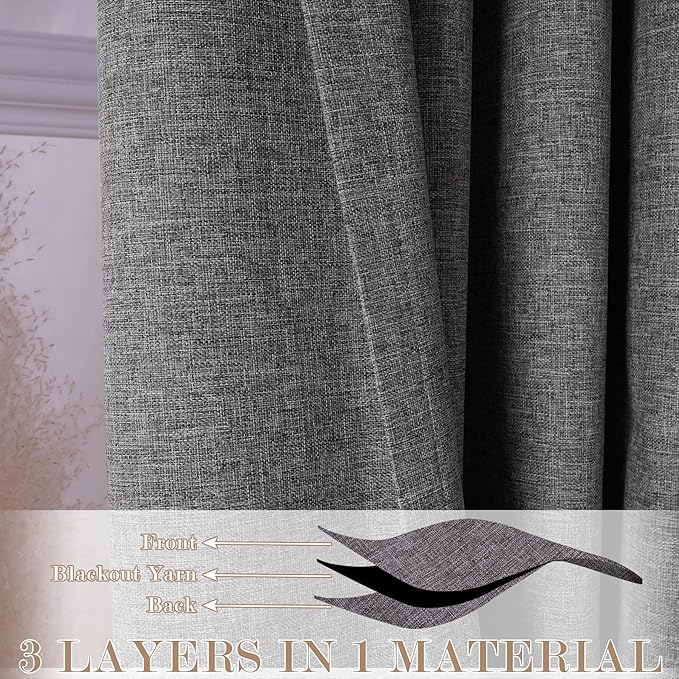 100% Blackout Linen Textured Drapes for Bedroom Pinch Pleated Curtains for Track System Portable Drapery for Sliding Glass Door/Storage/Space Room Divider, 70" Wx84 L, 1 PC, Natural Grey-CasaMuseHome